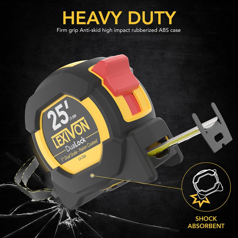 LEXIVON [3-Pack] 25Ft/7.5m DuaLock Tape Measure | 1-Inch Wide Blade with Nylon Coating, Matte Finish White & Yellow Dual Sided Rule Print | Ft/Inch/Fractions/Metric (LX-206X3) - Image 4